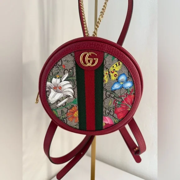 GUCCI GG Supreme Monogram Flora Mini Ophidia Round Backpack Red - Picture 2 of 9